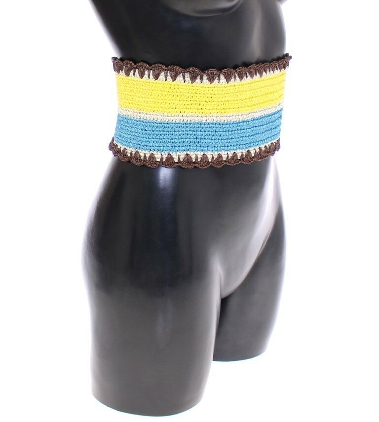 Yellow Striped Wide Waist Raffia Belt - 65-cm-26-inches