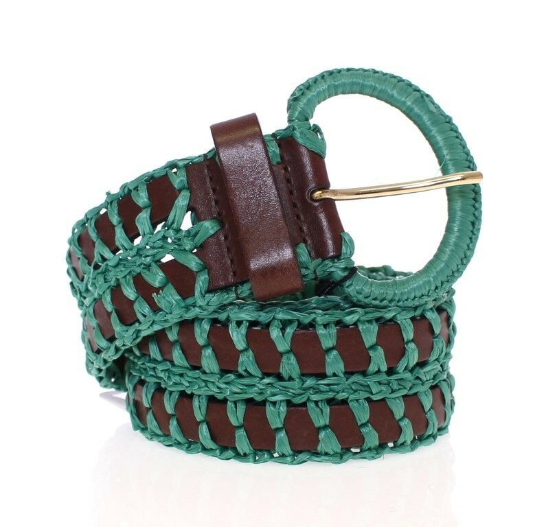 Green Raffia Woven Waist Leather Wide Belt - 65-cm-26-inches