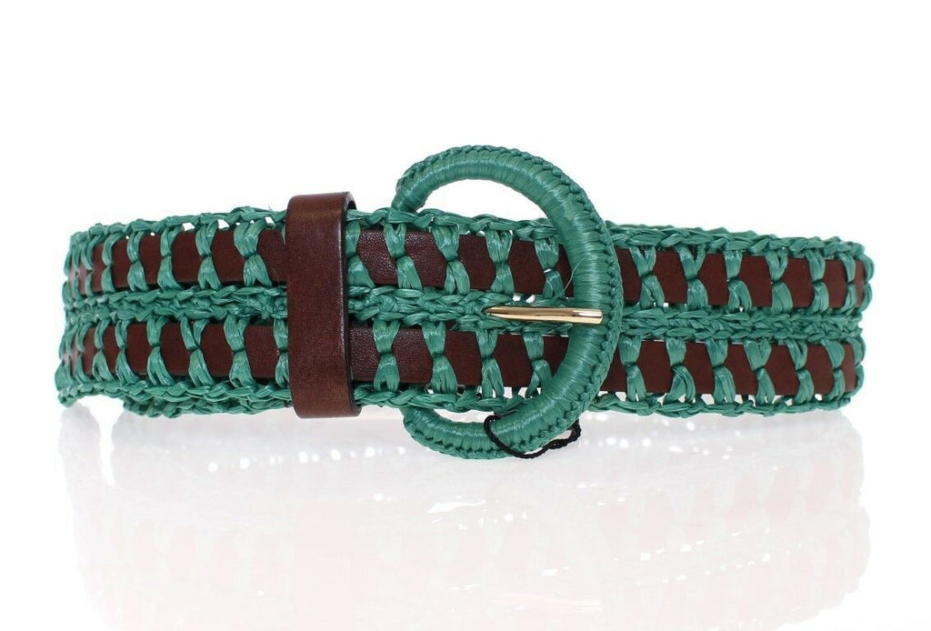 Green Raffia Woven Waist Leather Wide Belt - 65-cm-26-inches
