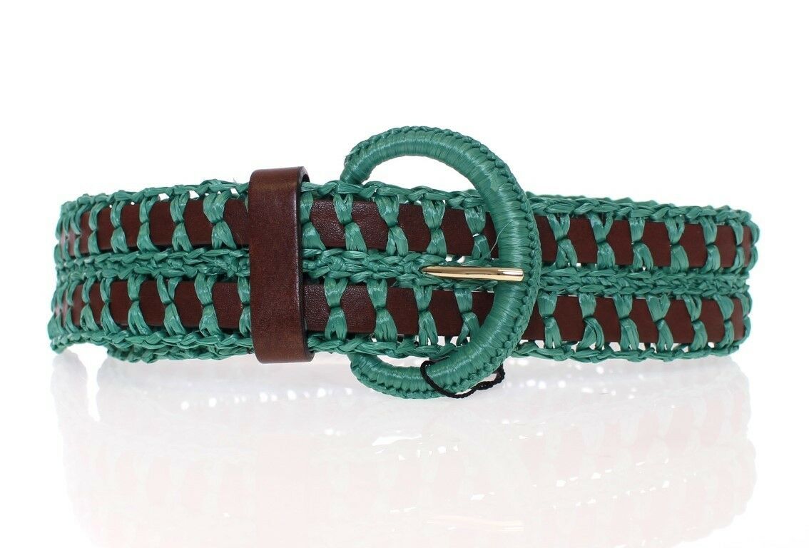 Green Raffia Woven Waist Leather Wide Belt - 65-cm-26-inches