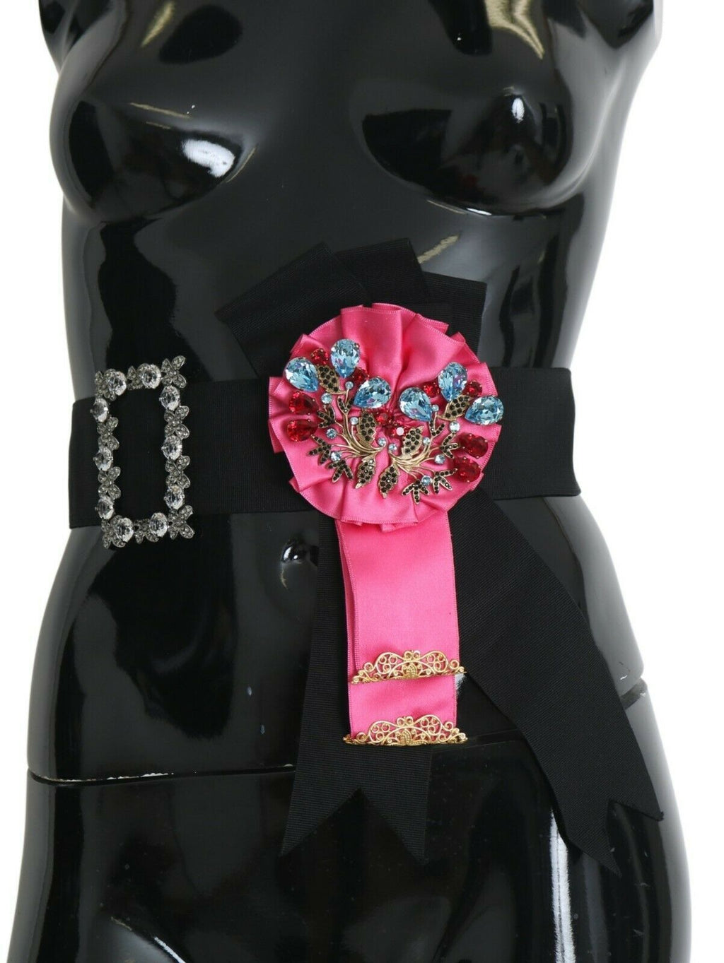 Black Pink Flower Brooch Crystals Cotton Belt - it38-xs