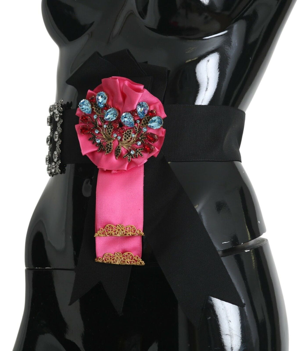 Black Pink Flower Brooch Crystals Cotton Belt - it38-xs