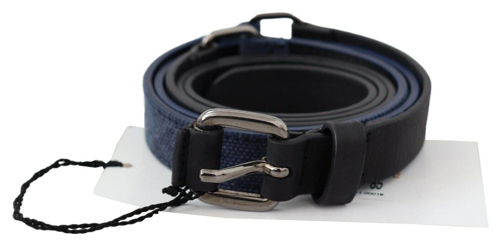 Black Blue Leather Silver Logo Belt - 85-cm-34-inches