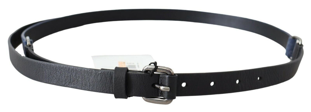 Black Blue Leather Silver Logo Belt - 85-cm-34-inches