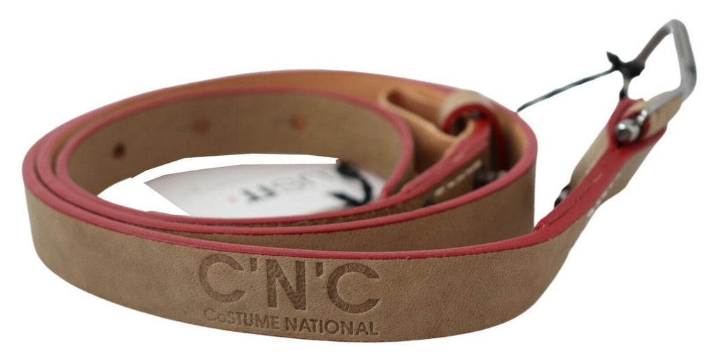 Beige Leather Silver Logo Buckle Waist Belt - 85-cm-34-inches