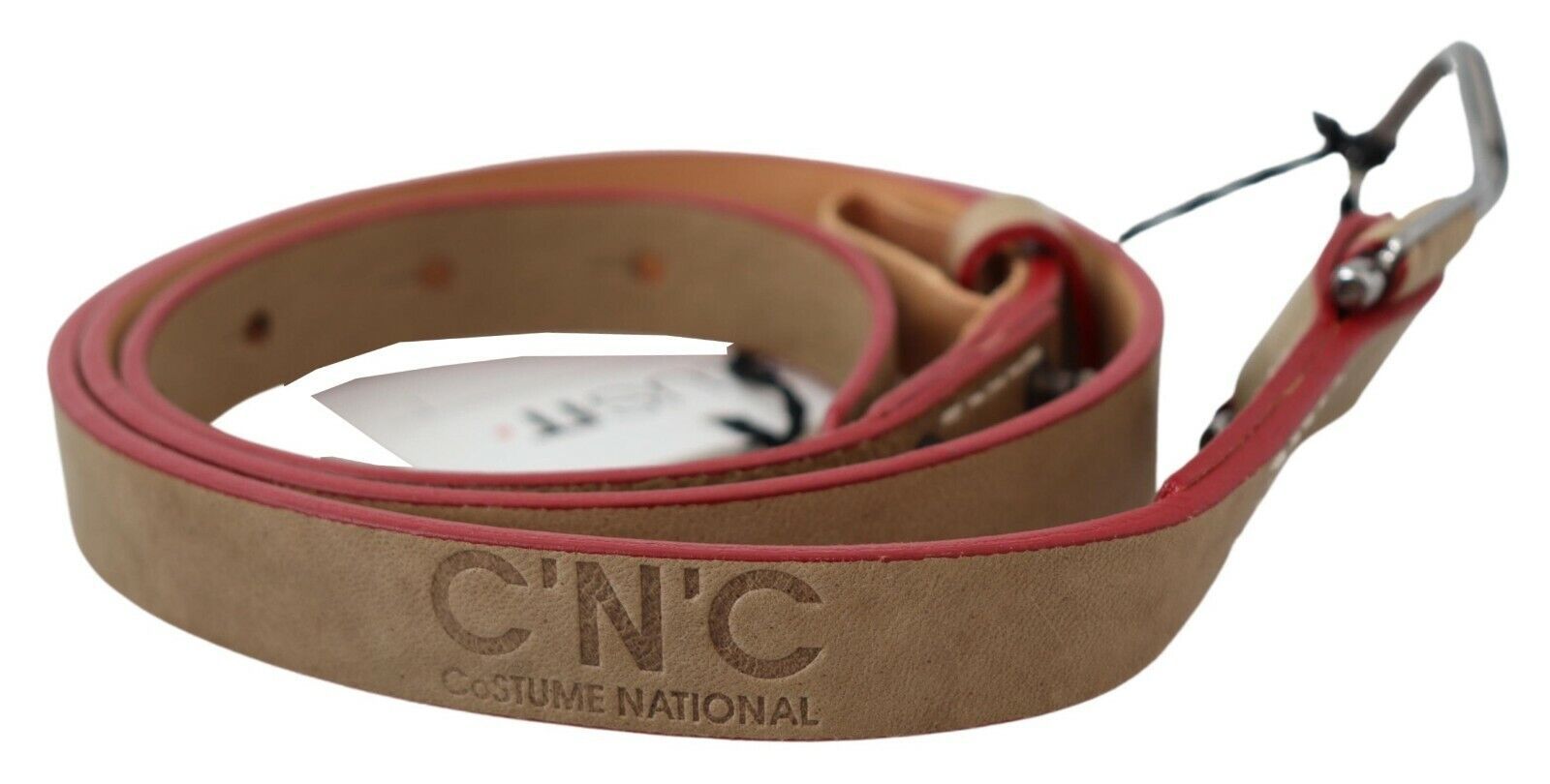 Beige Leather Silver Logo Buckle Waist Belt - 85-cm-34-inches