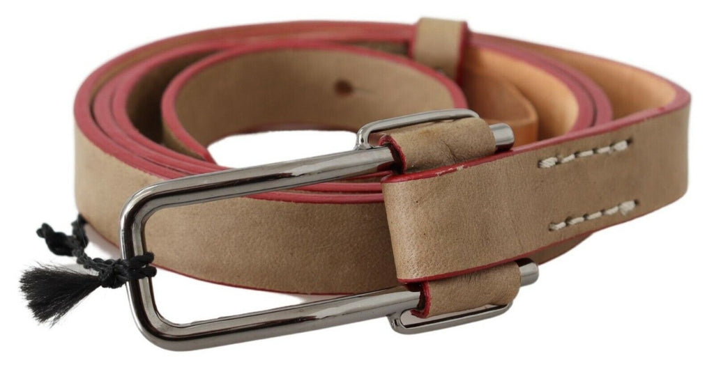 Beige Leather Silver Logo Buckle Waist Belt - 85-cm-34-inches