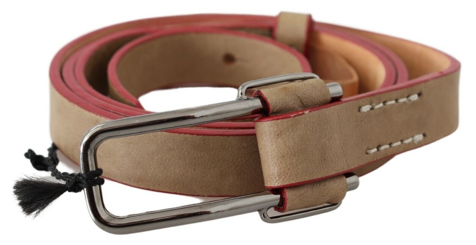 Beige Leather Silver Logo Buckle Waist Belt - 85-cm-34-inches