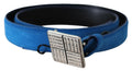 Blue Leather Silver Square Logo Buckle Waist Belt - 85-cm-34-inches