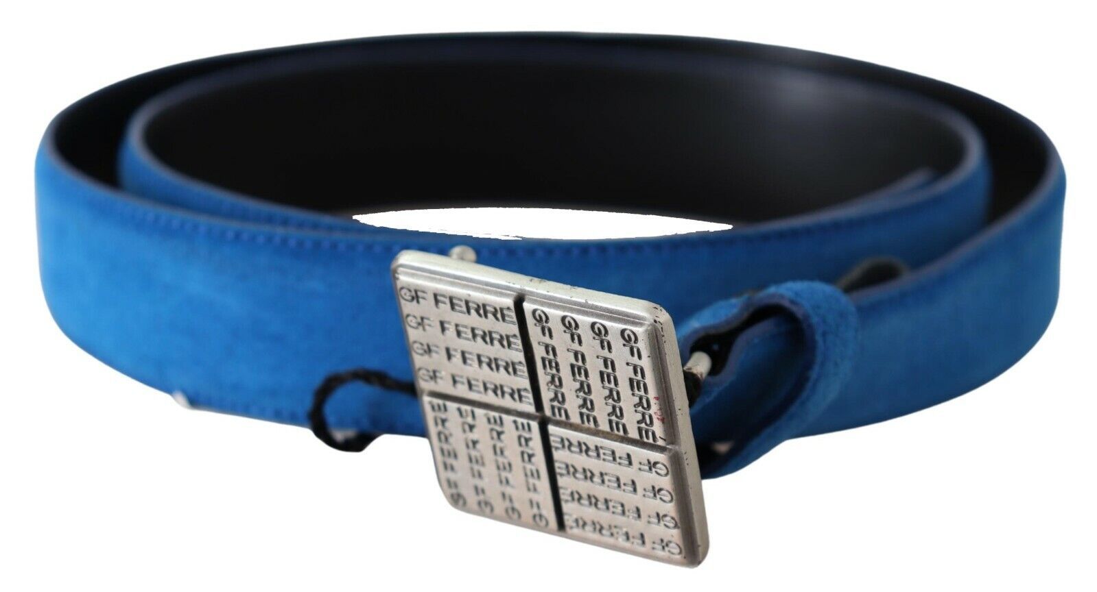Blue Leather Silver Square Logo Buckle Waist Belt - 85-cm-34-inches