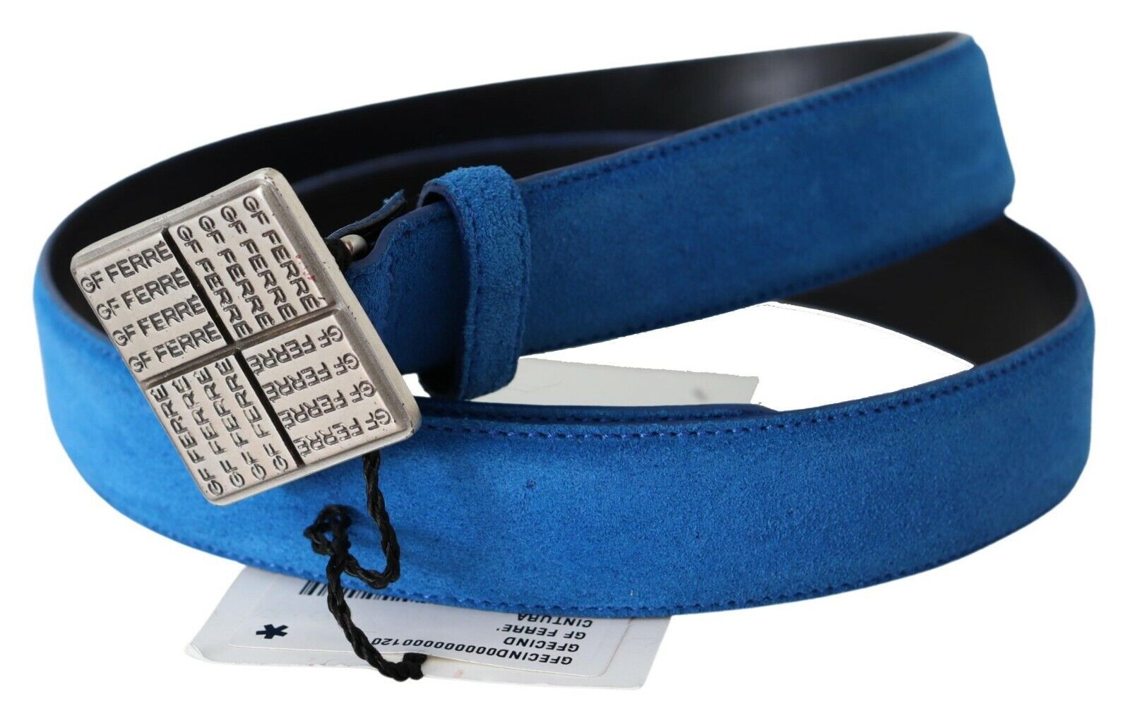 Blue Leather Silver Square Logo Buckle Waist Belt - 85-cm-34-inches