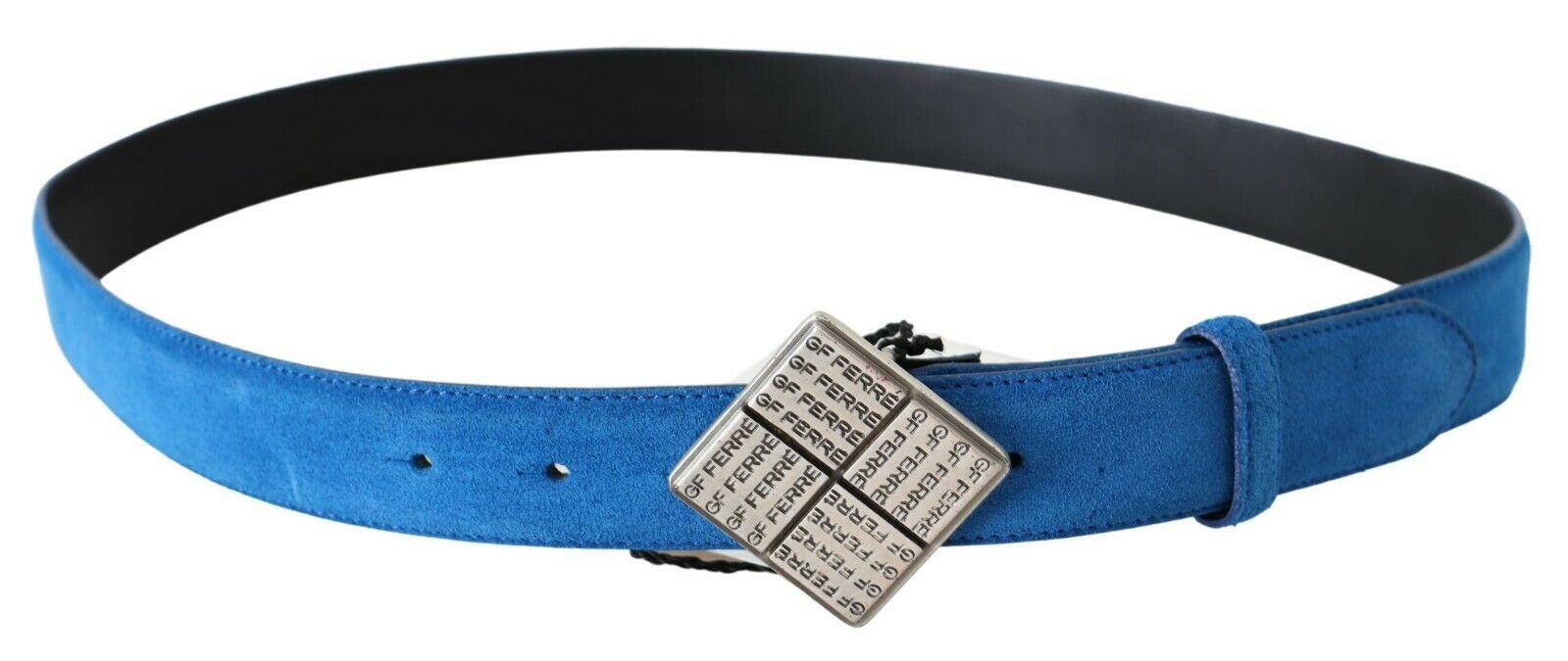 Blue Leather Silver Square Logo Buckle Waist Belt - 85-cm-34-inches