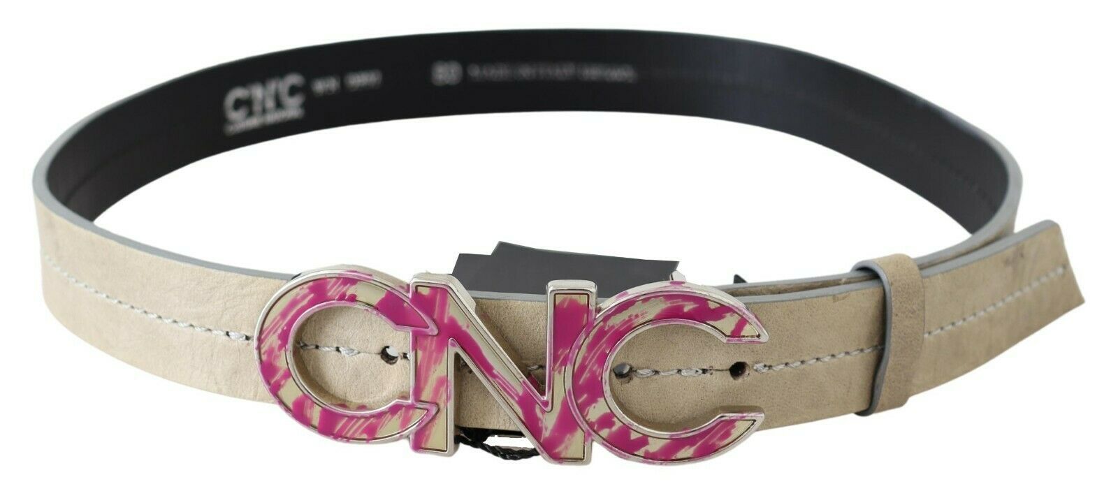 Beige Leather Pink Letter Logo Buckle Belt - 80-cm-32-inches