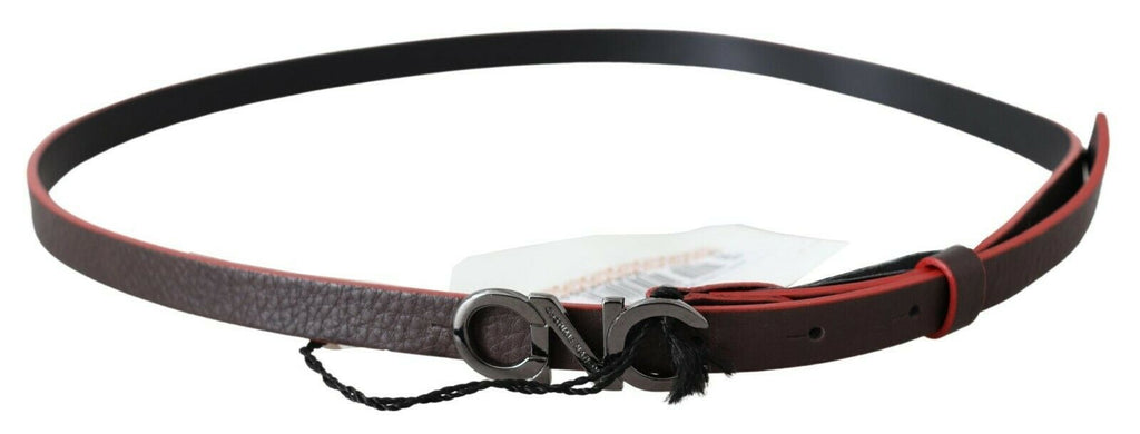 Black Maroon Skinny Leather Buckle Waist Belt - 85-cm-34-inches