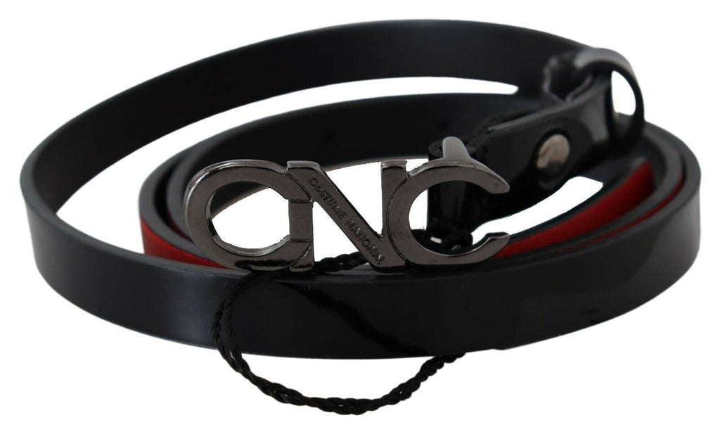 Black Skinny Leather Logo Buckle Belt - 85-cm-34-inches