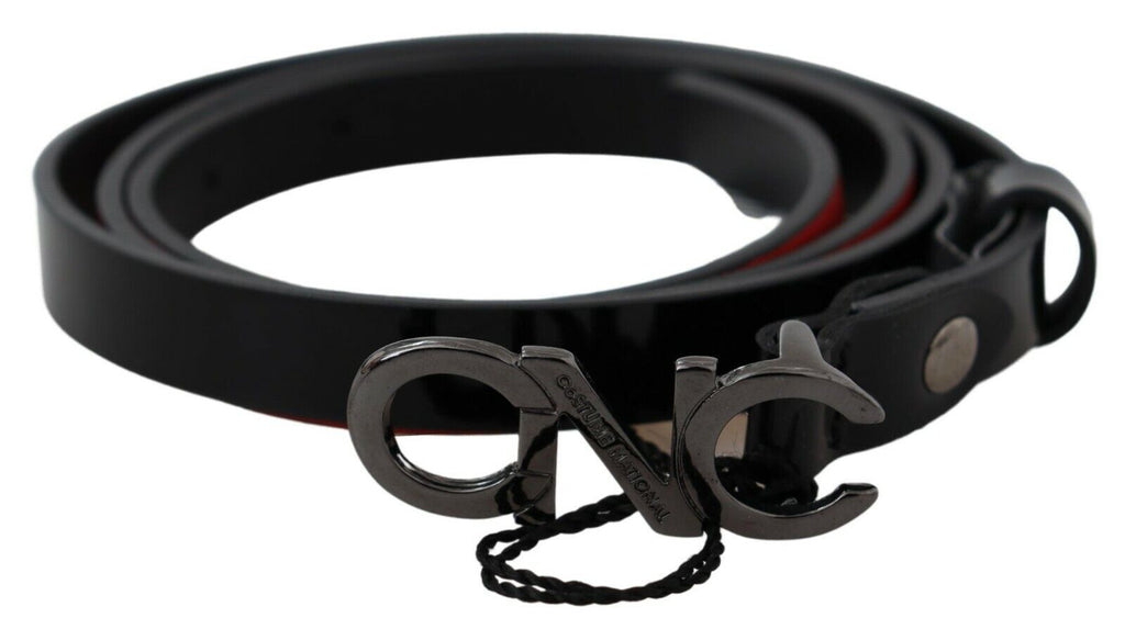 Black Skinny Leather Logo Buckle Belt - 85-cm-34-inches
