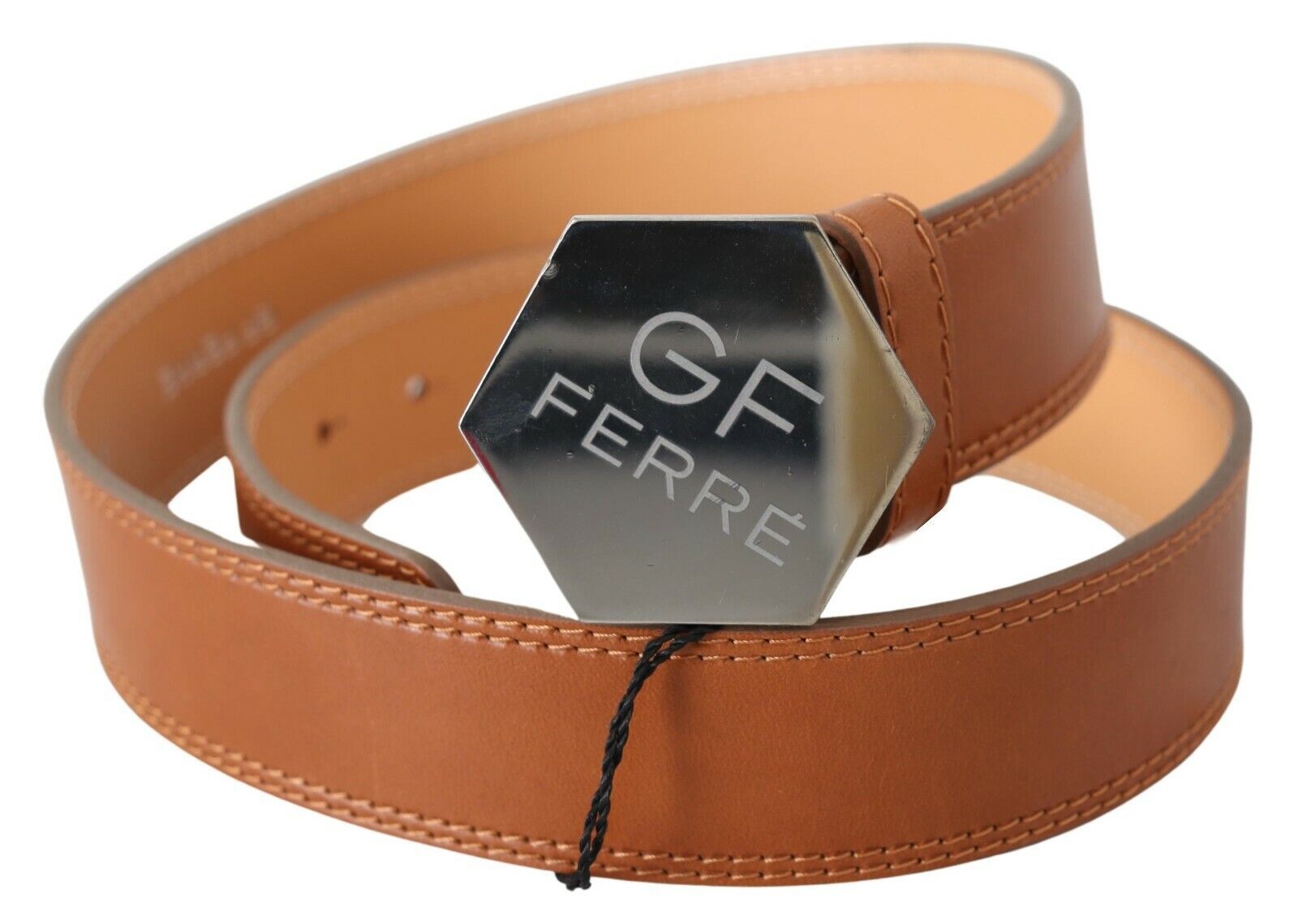 Brown Silver Logo Hexagon Buckle Waist Leather Belt - 85-cm-34-inches