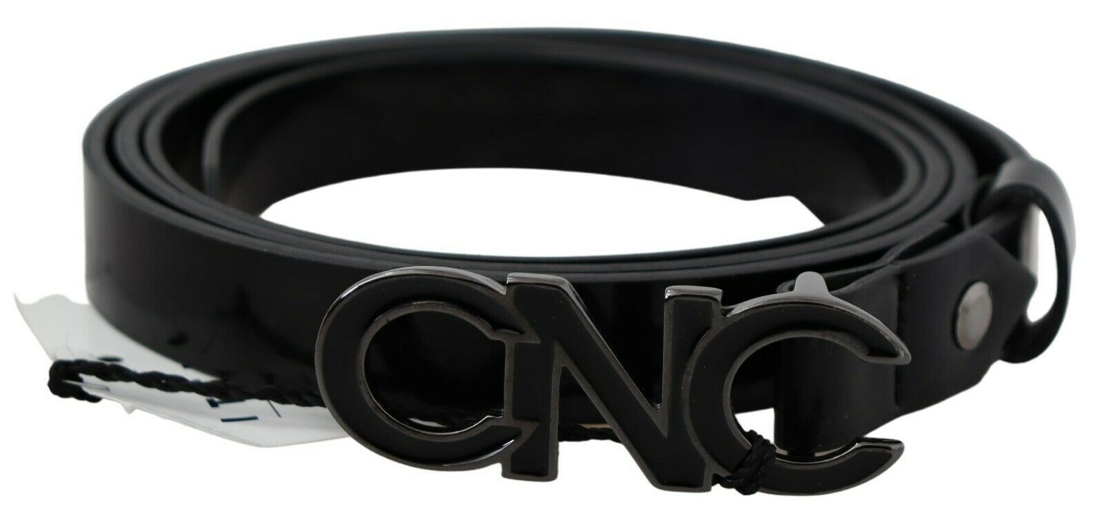 Black Leather Metal Logo Buckle Waist Belt - 85-cm-34-inches