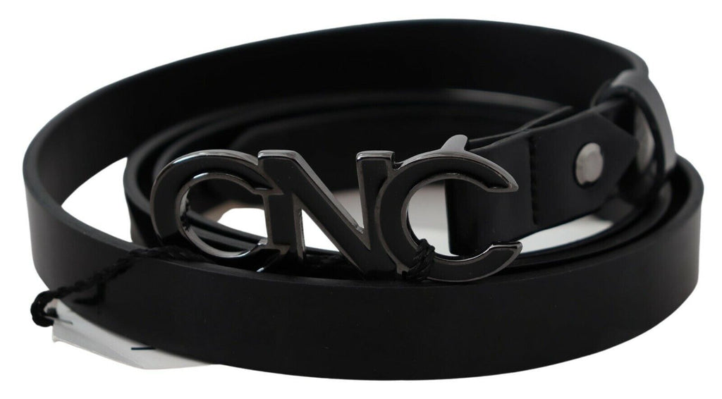 Black Leather Metal Logo Buckle Waist Belt - 85-cm-34-inches