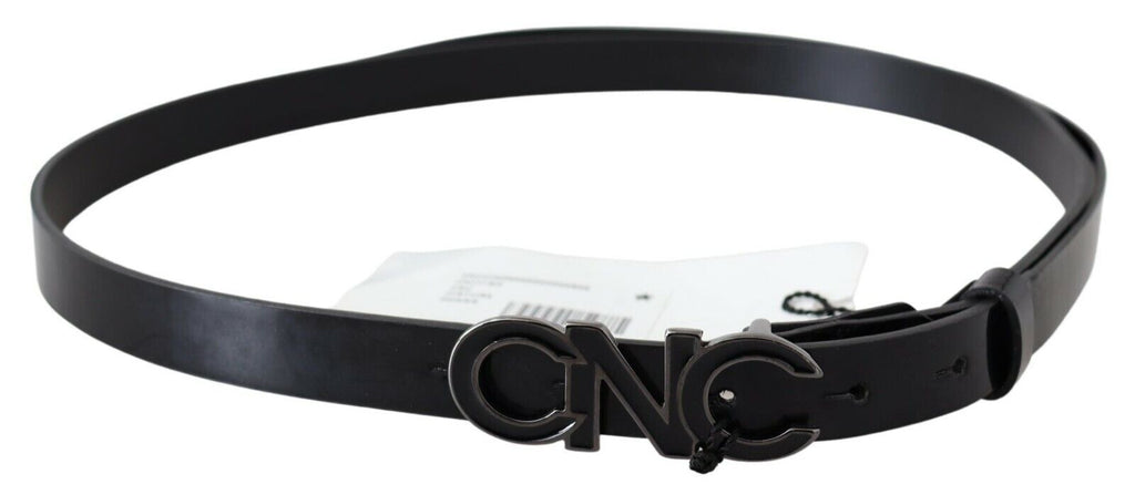 Black Leather Metal Logo Buckle Waist Belt - 85-cm-34-inches