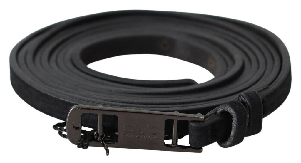 Black Leather Skinny Logo Buckle Belt - 100-cm-40-inches
