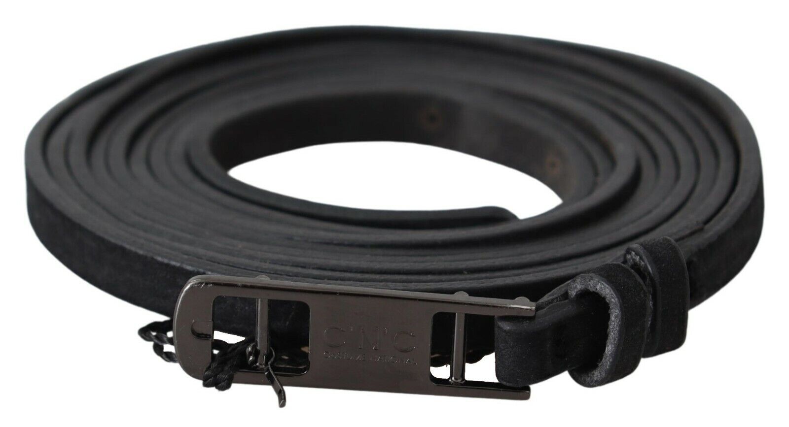 Black Leather Skinny Logo Buckle Belt - 100-cm-40-inches
