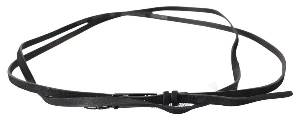 Black Leather Skinny Logo Buckle Belt - 100-cm-40-inches