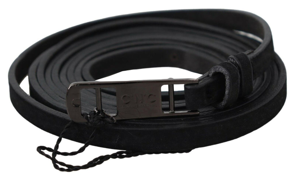 Black Leather Skinny Logo Buckle Belt - 100-cm-40-inches