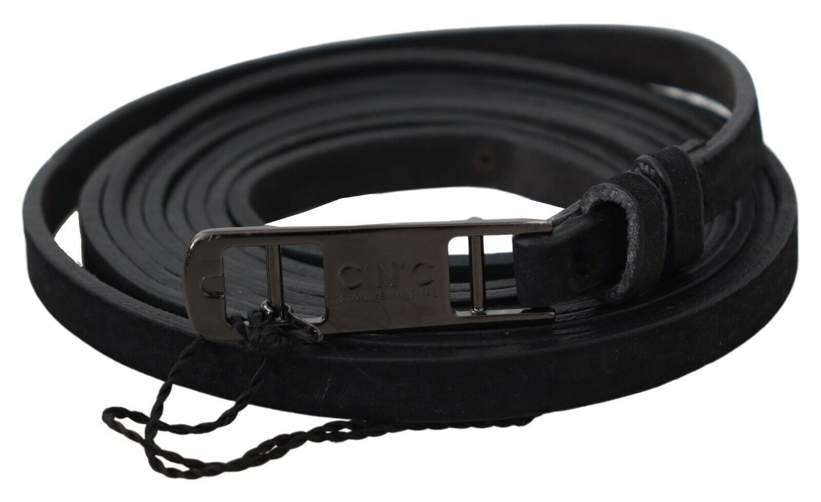 Black Leather Skinny Logo Buckle Belt - 100-cm-40-inches