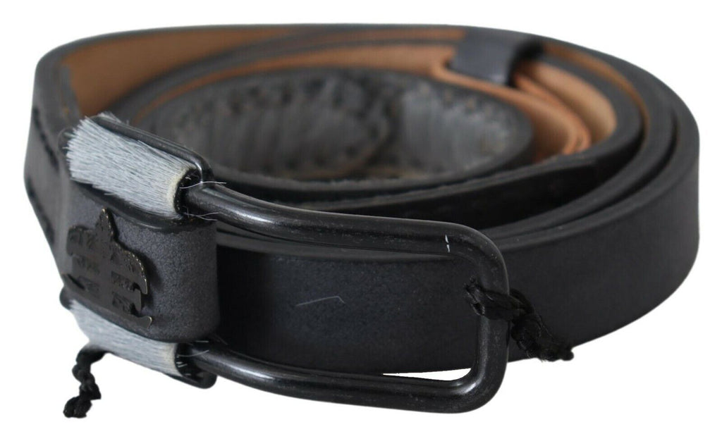 Black Leather Fringes Logo Buckle Belt - 85-cm-34-inches