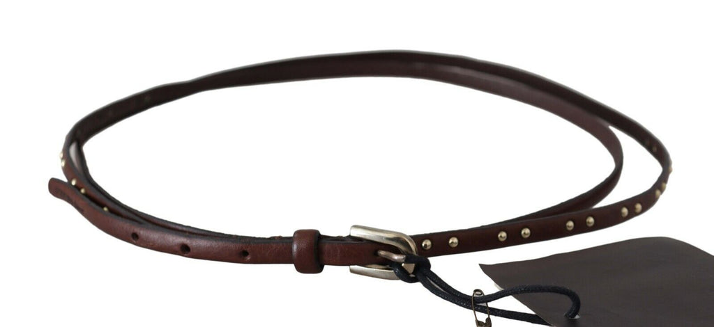 Brown Leather Studded Slim Buckle Waist  Belt - m