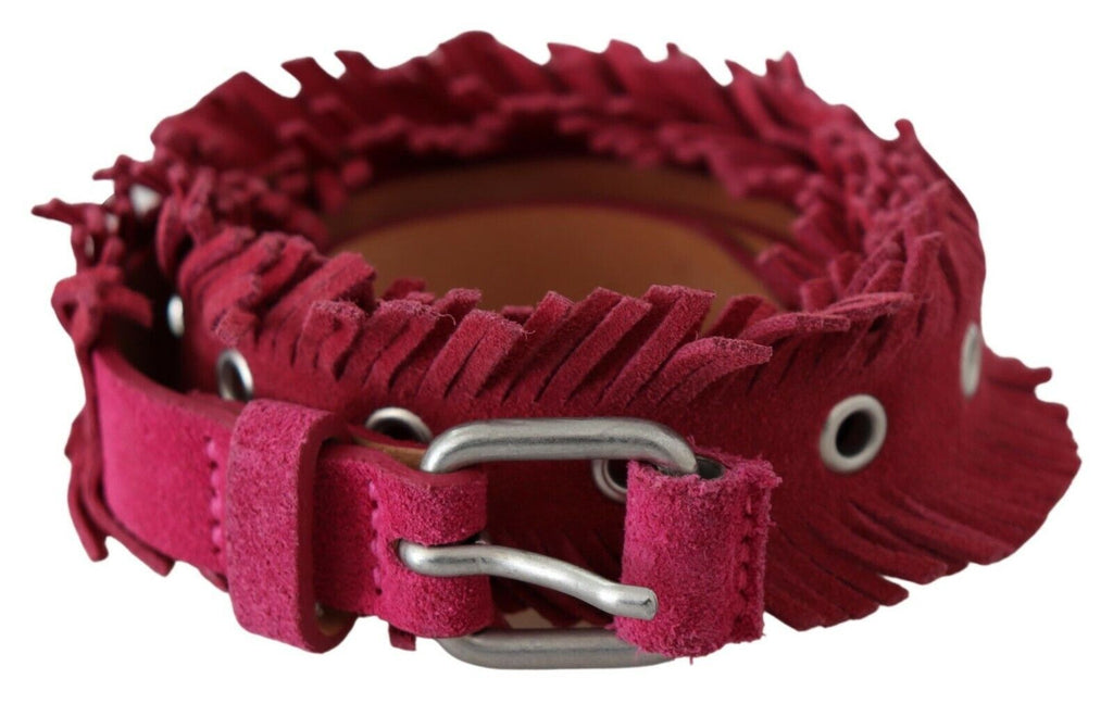 Maroon Leather Fringes Silver Buckle Waist Belt - 95-cm-38-inches