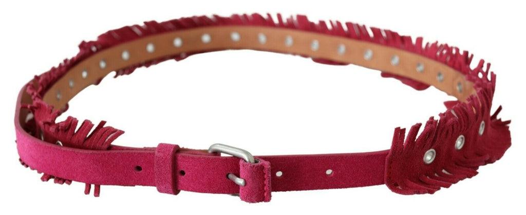 Maroon Leather Fringes Silver Buckle Waist Belt - 95-cm-38-inches