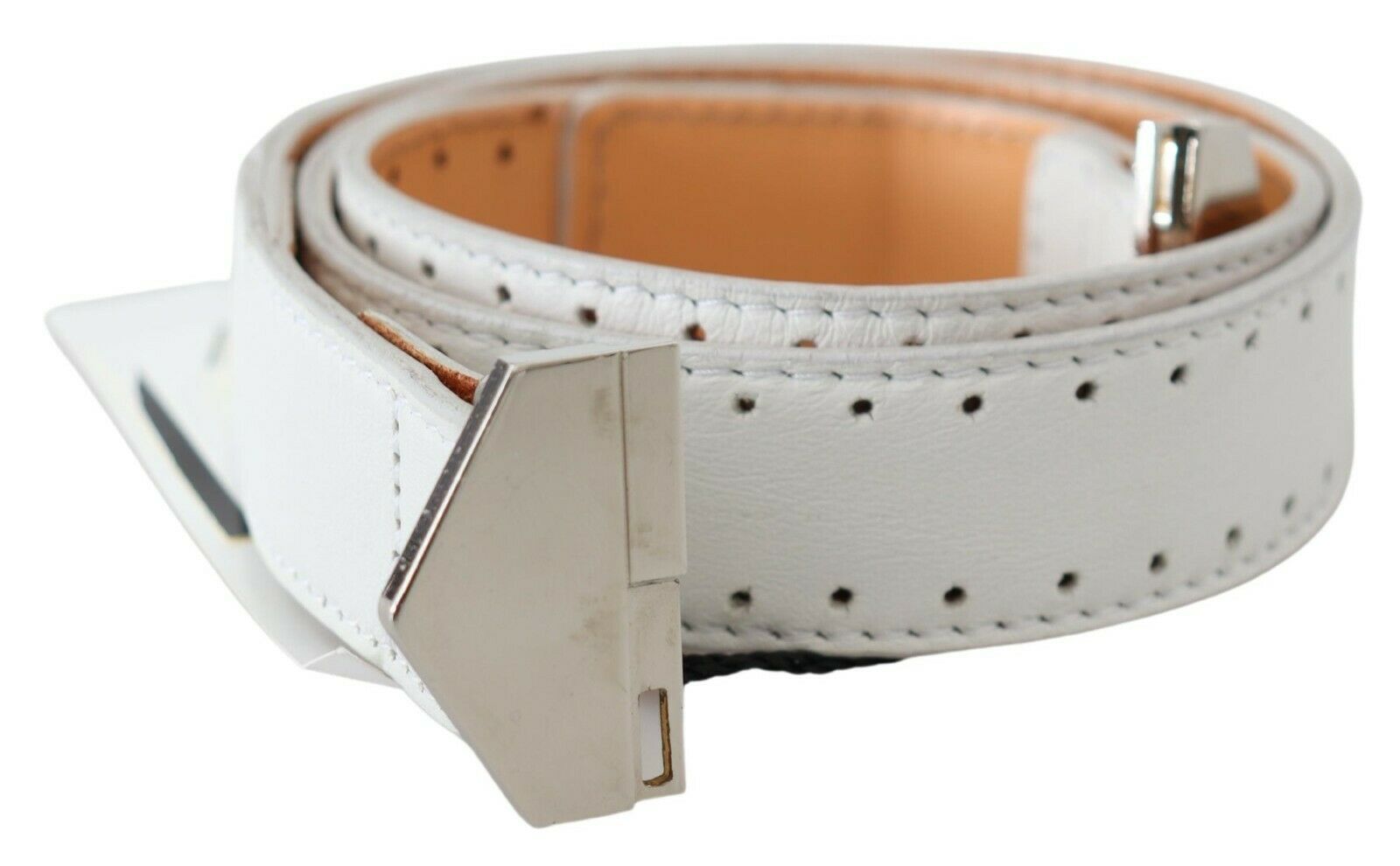 White Leather Hexagon Logo Buckle Waist Belt - 85-cm-34-inches