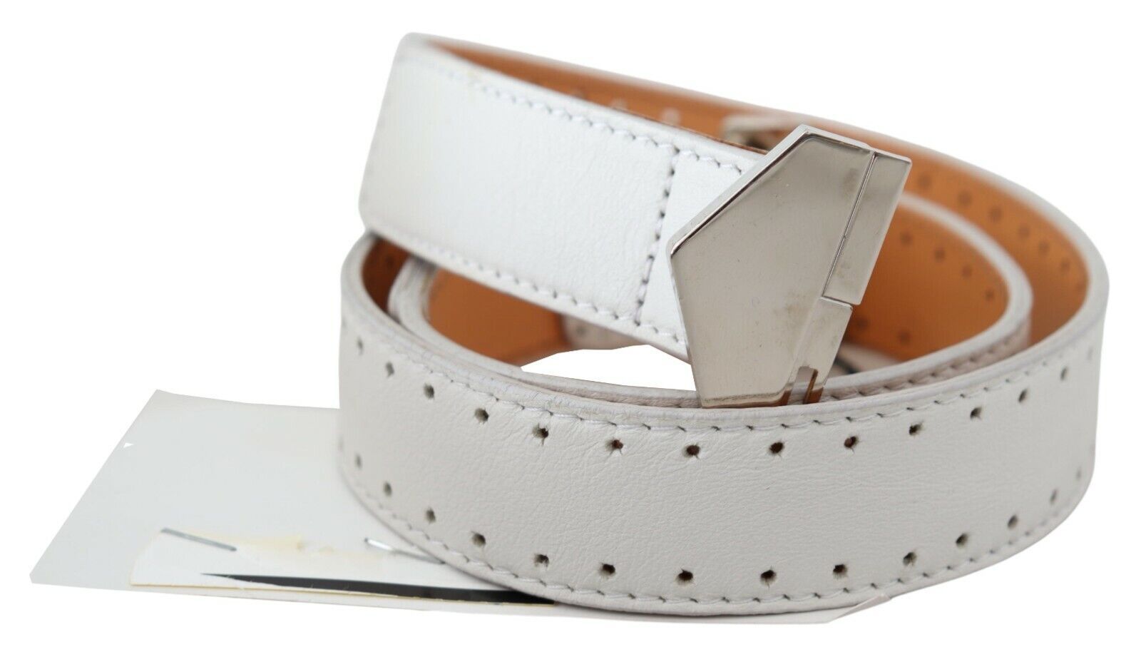 White Leather Hexagon Logo Buckle Waist Belt - 85-cm-34-inches