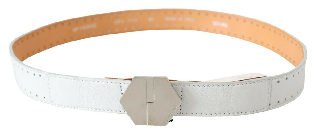 White Leather Hexagon Logo Buckle Waist Belt - 85-cm-34-inches