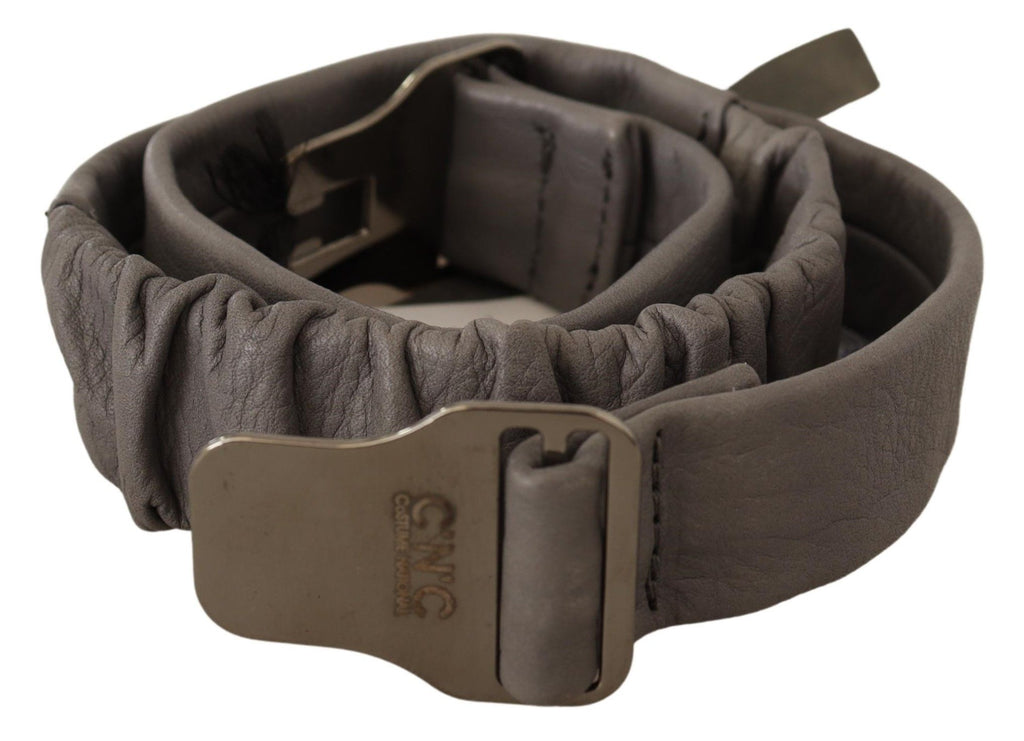 Gray Leather Silver Buckle Waist Belt - 85-cm-34-inches
