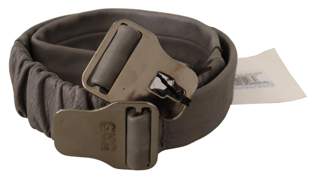 Gray Leather Silver Buckle Waist Belt - 85-cm-34-inches