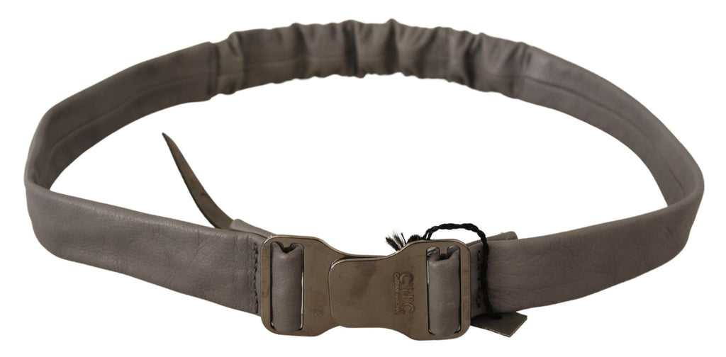 Gray Leather Silver Buckle Waist Belt - 85-cm-34-inches