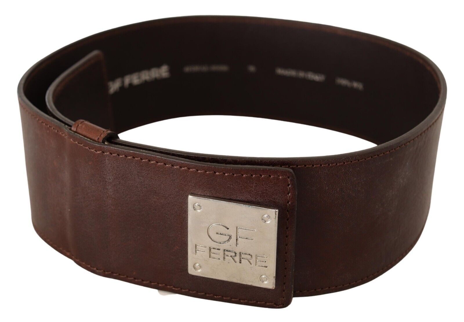 Brown Genuine Leather Wide Logo Buckle Waist Belt - 70-cm-28-inches