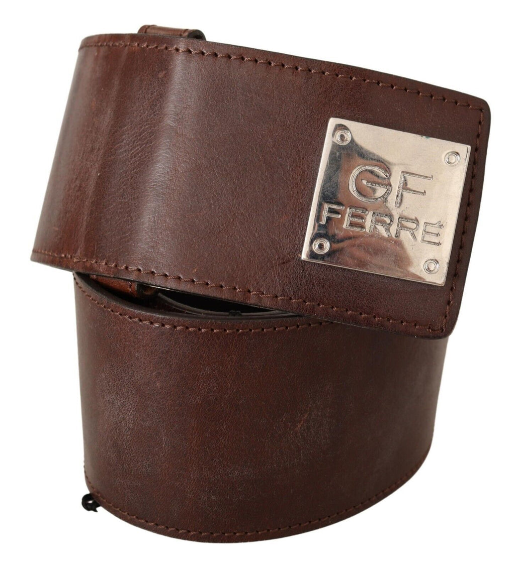 Brown Genuine Leather Wide Logo Buckle Waist Belt - 70-cm-28-inches