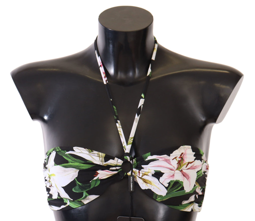 Black Lily Print Swimsuit Bikini Top Swimwear - it1-xs