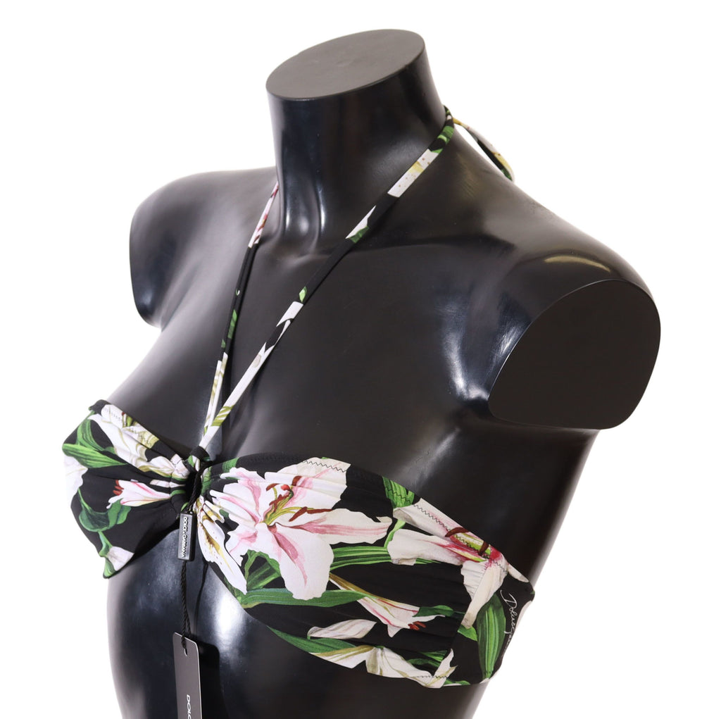 Black Lily Print Swimsuit Bikini Top Swimwear - it1-xs