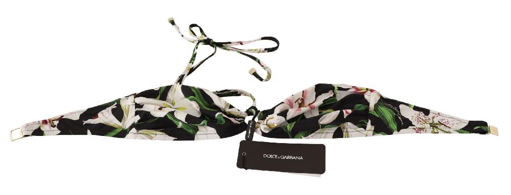 Black Lily Print Swimsuit Bikini Top Swimwear - it1-xs