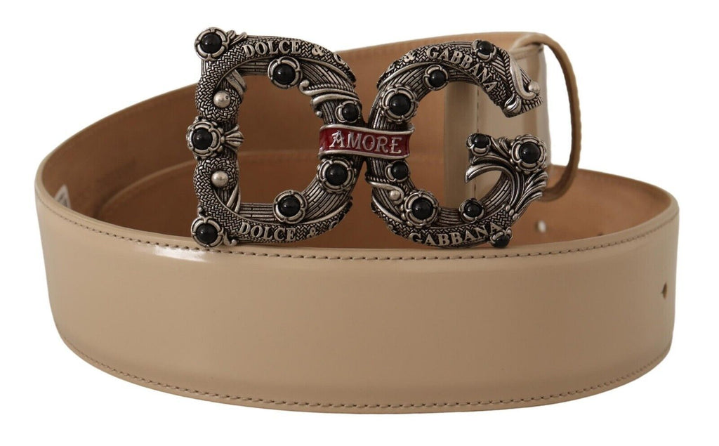 Beige Leather Silver Logo Buckle Amore Belt - 75-cm-30-inches