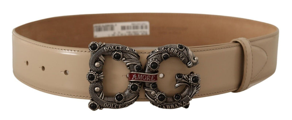 Beige Leather Silver Logo Buckle Amore Belt - 75-cm-30-inches