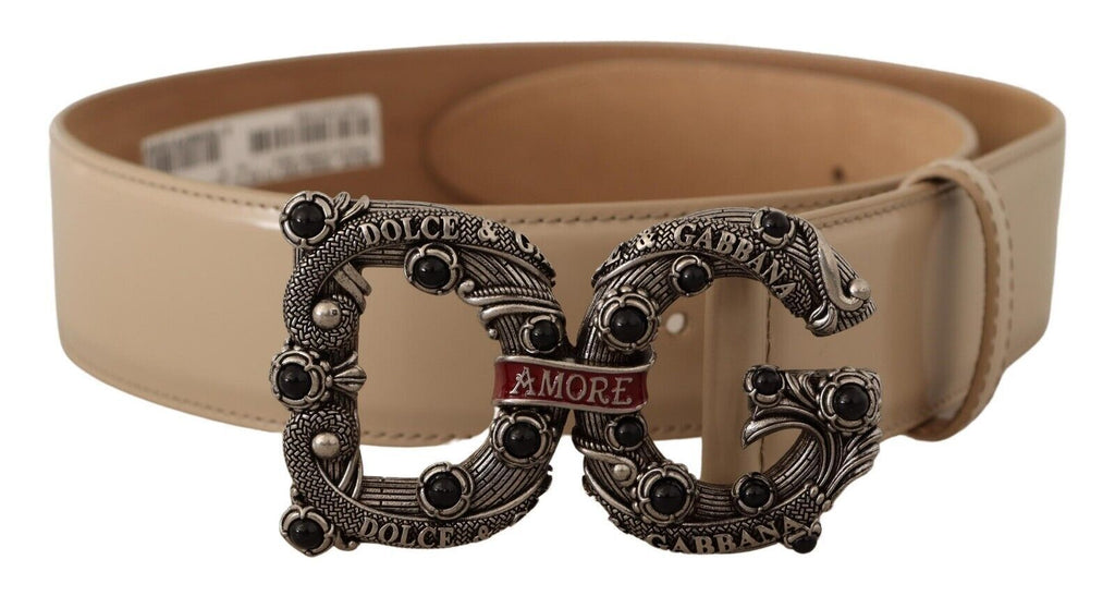 Beige Leather Silver Logo Buckle Amore Belt - 75-cm-30-inches