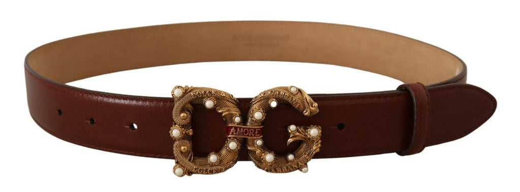 Brown Leather Brass Logo Buckle Amore Belt - 75-cm-30-inches