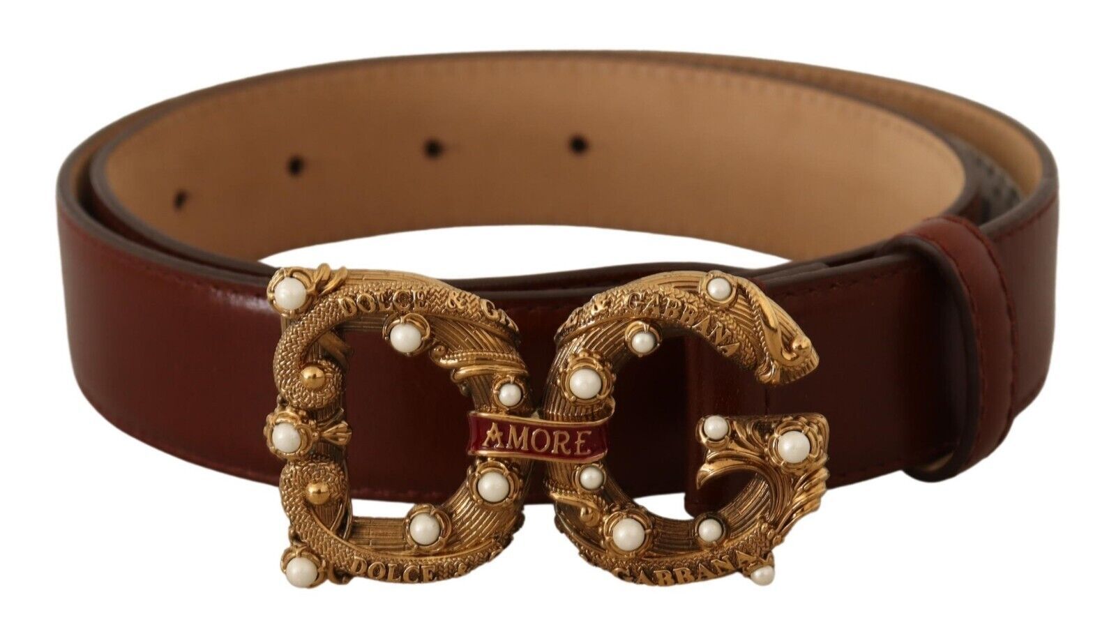 Brown Leather Brass Logo Buckle Amore Belt - 75-cm-30-inches