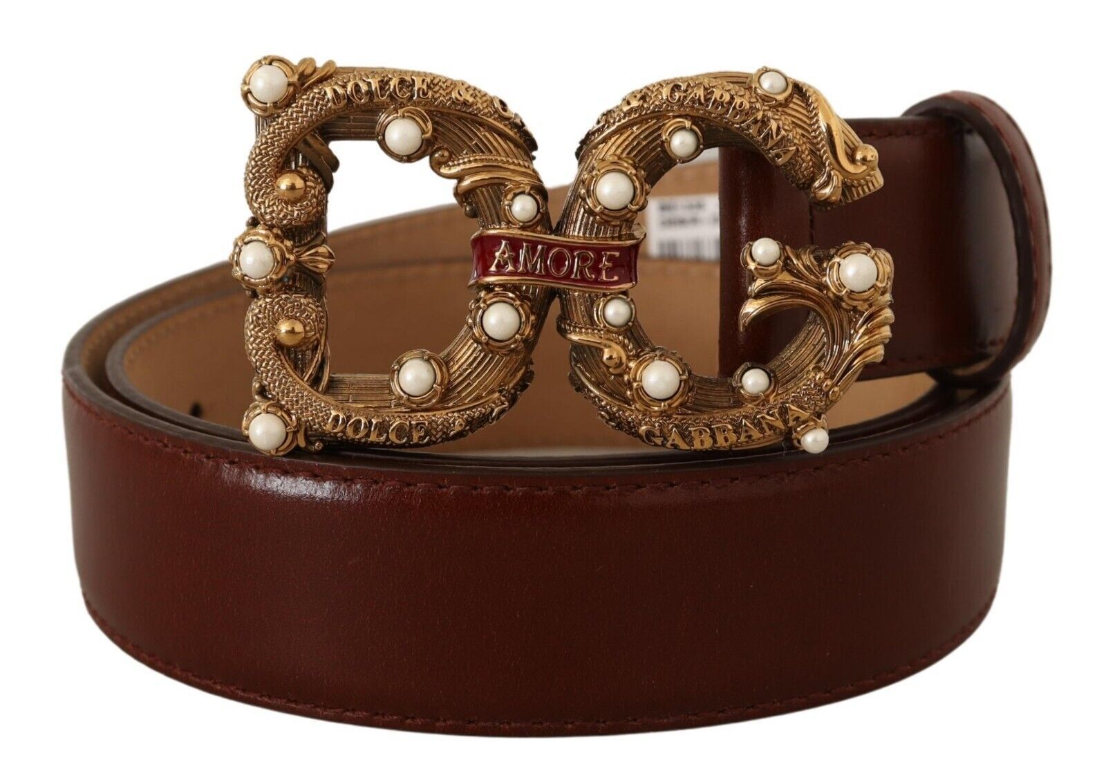 Brown Leather Brass Logo Buckle Amore Belt - 75-cm-30-inches